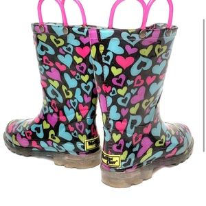 Light Up Black Rainboots w/Colorful Hearts Girls